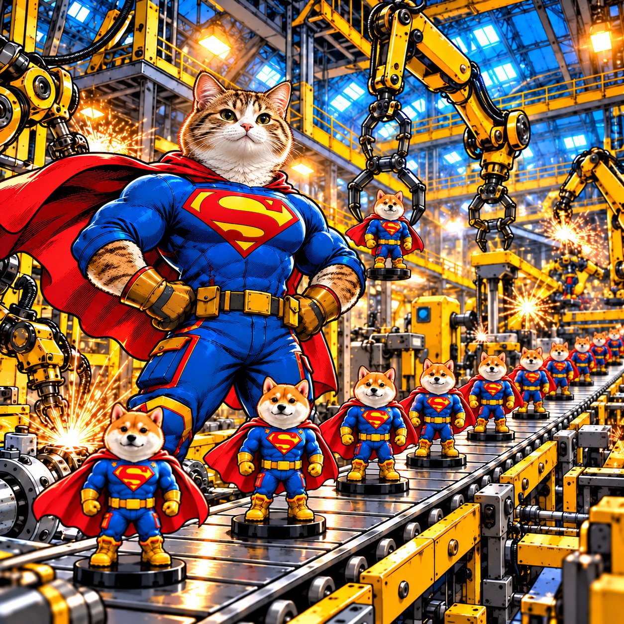 Super Cat on a factory line with Super Inu figures